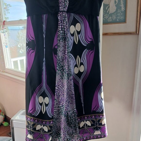 Black Purple Lavender Print Single Cocktail Party Disco Art Dress Womens Large - Picture 2 of 6